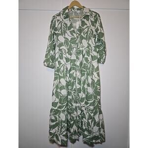 NWT Cynthia Rowley Green White Floral Leaf Linen Blend Empire Midi Dress XS
